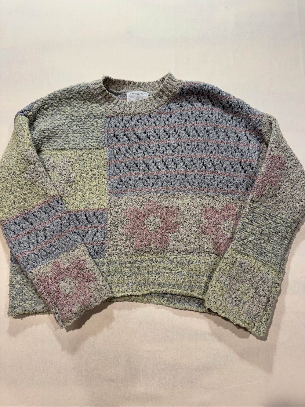 Women’s Absolutely USA Patchwork Textured Knit Sweater - Gray/Sage/Pink - XS